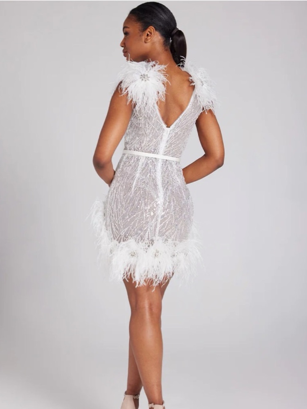 Nadine Merabi Mila Feathered White Mini Dress NWOT - Picture 3 of 11